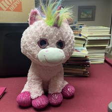 Toys R Us Pink Unicorn Plush 16" Pink Glitter Eyes Rainbow Mane Stuffed EUC