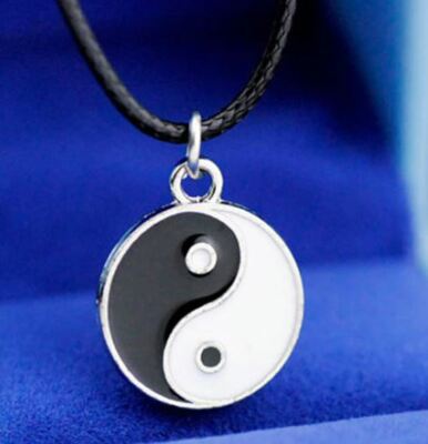 NEW Ying Yang Silver Tone Round Pendant Black Rope Necklace Yin USA SELLER
