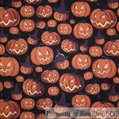 BonEful Fabric FQ Cotton Quilt Black Orange Pumpkin Face Witch Hat Glow Kid Girl