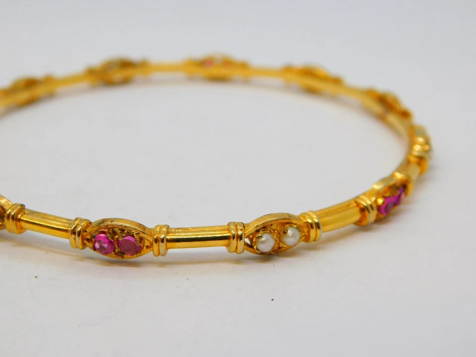 Yellow Metal, Ruby & Pearl Set Cuff Bangle Bracelet Vintage c1990 - Image 3 of 4