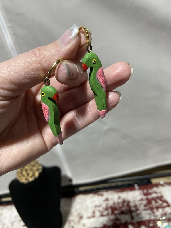 Pierced Earrings, Wood Macaw Green And Pink Painted Gold Tone Hardware