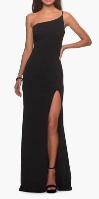 La Femme One Shoulder Jersey Black Gown Sz 2 Stretch Slit Zip Evening Dress NWT