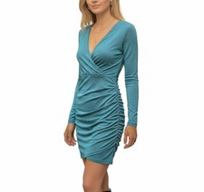 Princess Polly Bodycon Dress Size 4 Green Shimmer Ruching Side Zip Surplice