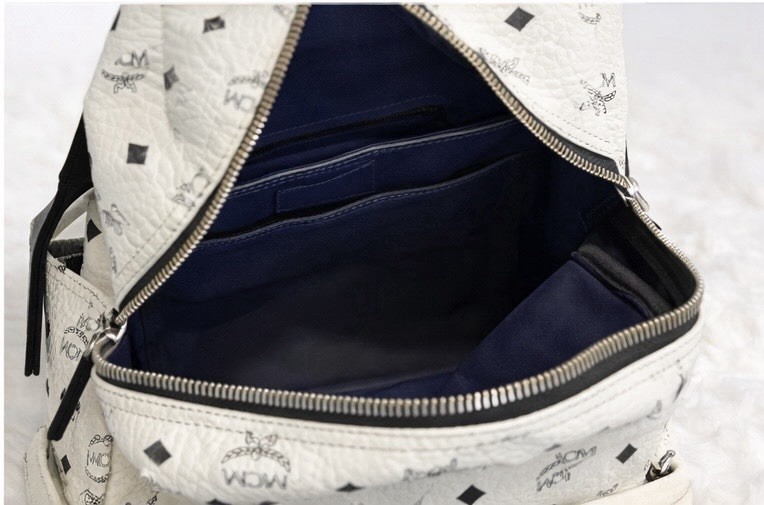 MCM White Logo Print Leather Backpack Studded Accents Black Trim