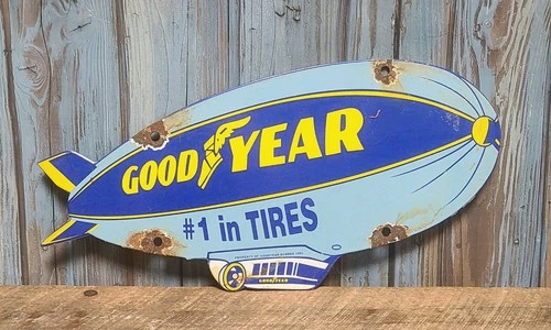Vintage 1962 Goodyear Tires Blimp Diecut Porcelain Metal Sign