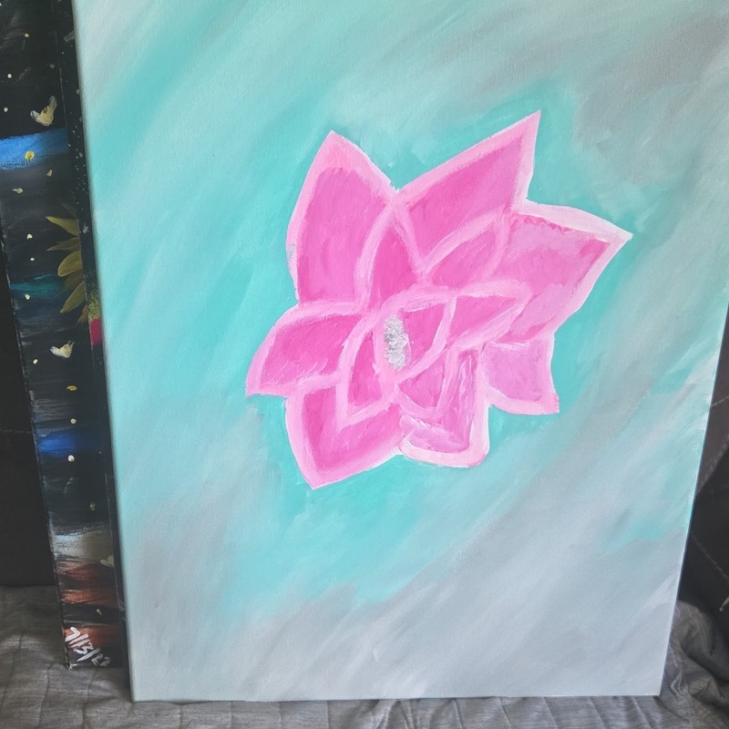 contemporary abstract floral painting unframed medium pink flower on blue