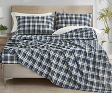 Chad 4-Piece Plaid Cotton Sheet Set Queen - Blue Green Light Beige Plaid Prin...