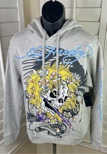 ED Hardy Retro Skull Flowers w/Flames Graphic Gray LS Pullover Hoodie - Men  s M
