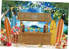 7x5ft Polyester Summer Tiki Bar Backdrop Hawaii Aloha Luau Tropical Luau Palm