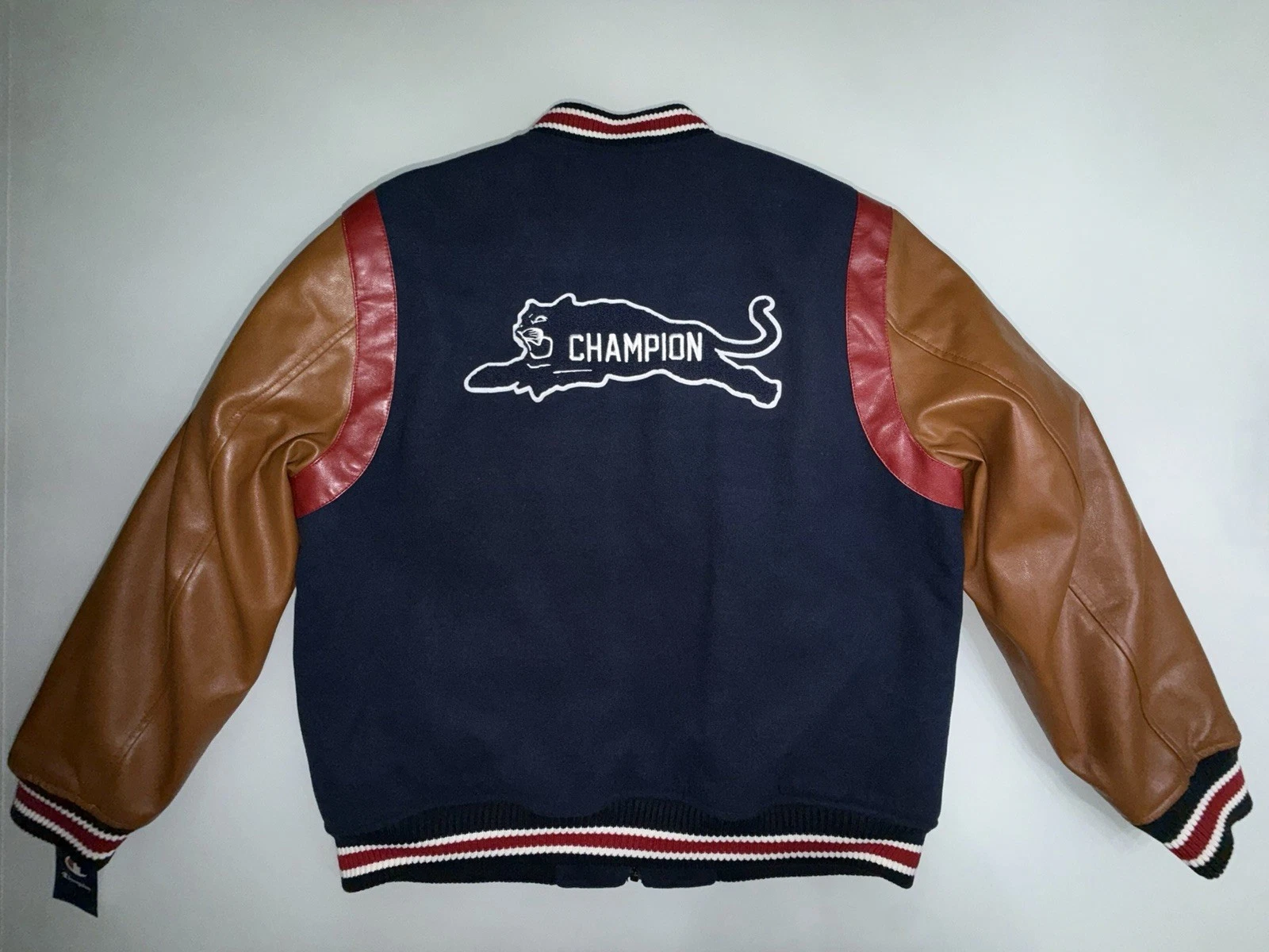 Champion Men's Mixed Media Varsity Bomber Jacket Navy Brown (LARGE) CH5RP290 🐅 image 2