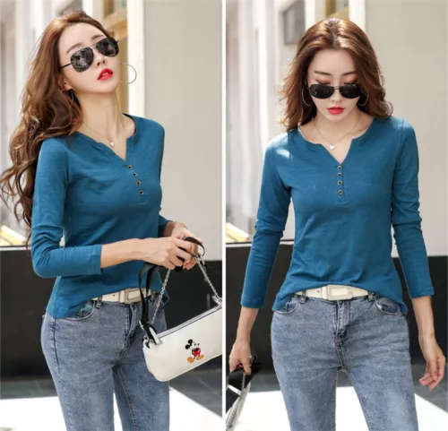 Womens Cotton Long Sleeve T Shirt Loose V Neck Slub Cotton Casual Blouse Tops US - Bild 10 von 49