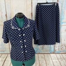 Vintage Leslie Fay Women's Size 10 Skirt Blouse Set Navy Blue Polka Dot 2 Piece