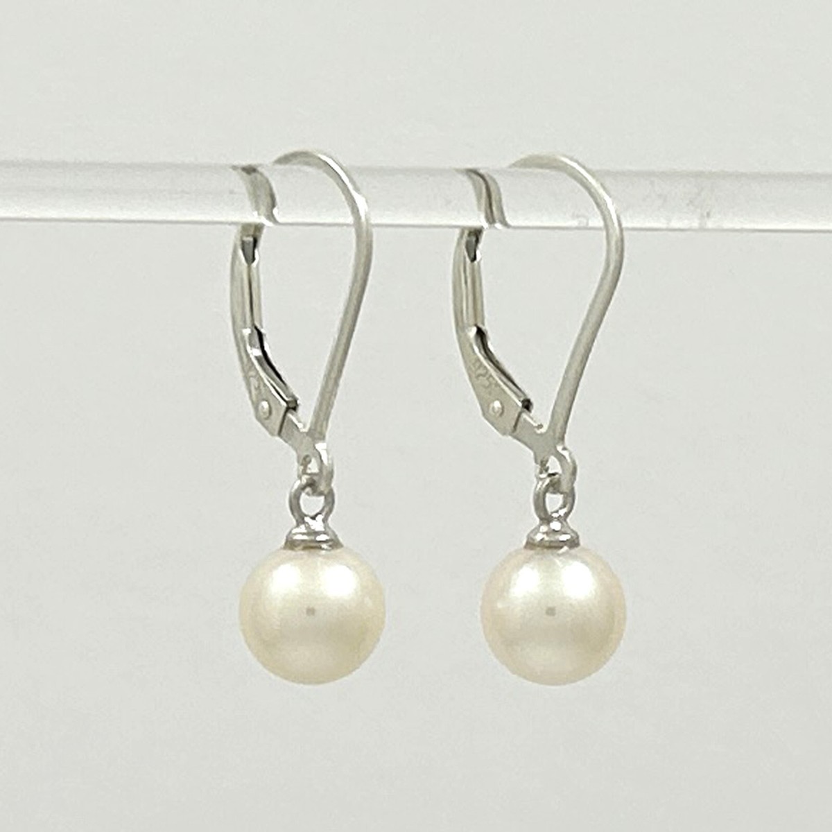 Sterling Silver White Pearl Leverback Dangle Earrings