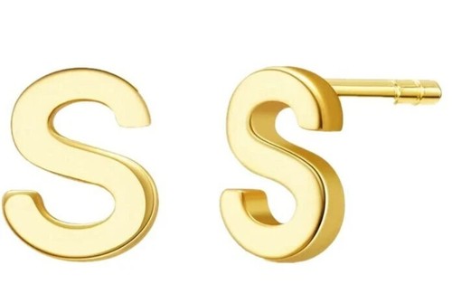 Initial Stud Earrings Letter S, Girls .925 Sterling Silver Post, 14K Gold Plated