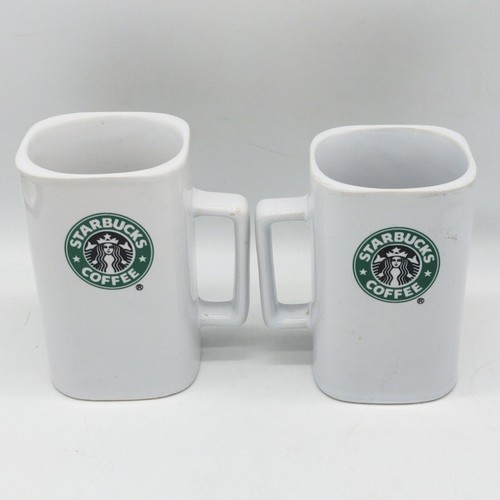 STARBUCKS Set of 2 Coffee Mugs 2007 Square Shape White-Green Mermaid Logo 12 oz