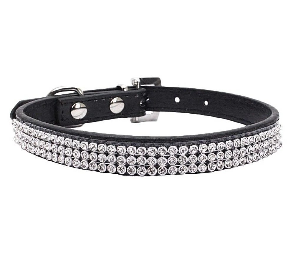 BLACK Rhinestone Diamond Dog Collar Leather Dog Puppy Cat Kitten XS S M L