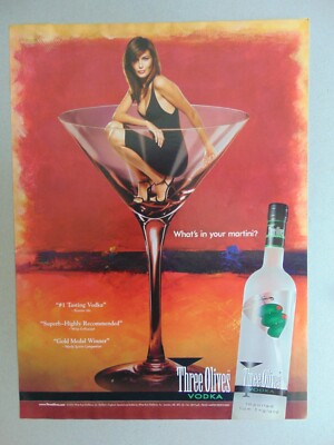 2005 Woman in martini Glass THREE OLIVES VODKA vintage art print ad