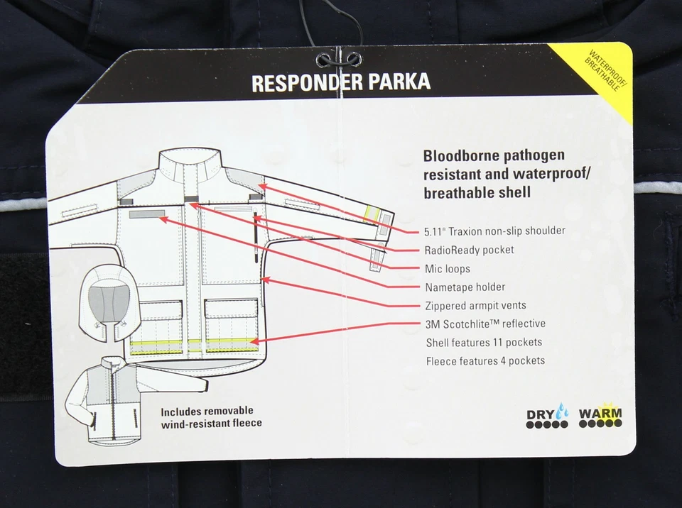 5.11 Tactical Responder Parka Jacket Men's, Waterproof Shell, Reflective 48063 - Image 4 of 4