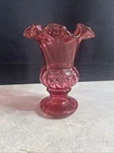 E1 Fenton Cranberry Glass Urn Shaped Vase w/ Spiral Design 6 5/8" Tall Gd3