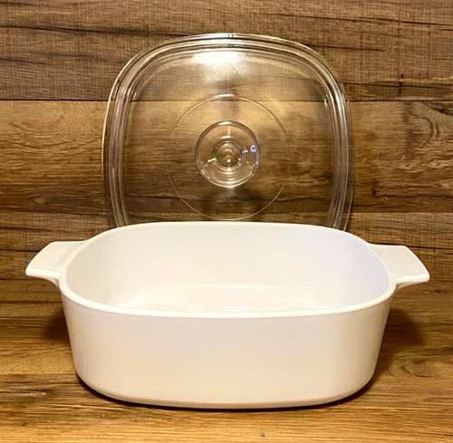 VTG. CORNING WARE - WINTER FROST WHITE  A-2-B SQUARE CASSEROLE DISH & PYREX LID