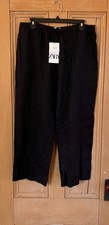 Zara Womens 100 Linen Wide Leg Drawstring Pockets Pants Size XL Black SP NWT