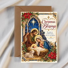 Christmas Blessings Greeting Card 5x7" Flat Card with Envelope Religious Faith