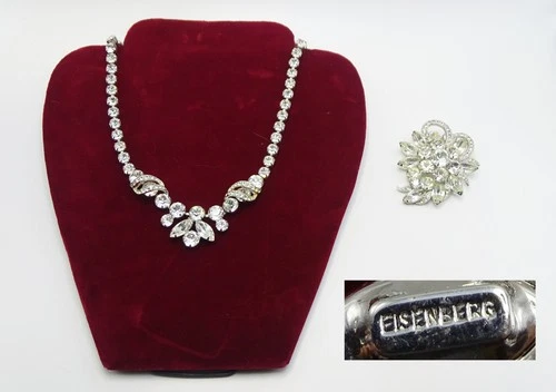 Vtg. EISENBERG Signed Rhinestone Necklace + Brooch Costume Jewelry Set - S1