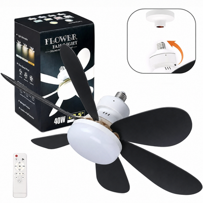 Ceiling Fan With Lights – Socket Fan Light Remote Control, 6 Blades, Dimmable 3000K-6500K, 3 Speeds, Ultra-Quiet For Bedroom, Home Office & Small Spaces