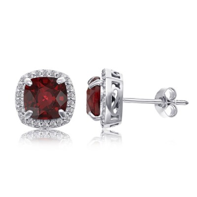 Halo Stud Earrings Simulated Red Garnet 14k White Gold Plated Sterling Silver