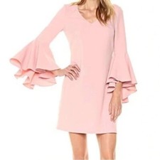 NWT Eliza J Blush Pink V-Neck 3/4 Bell Sleeve Crepe Shift Dress Size 12