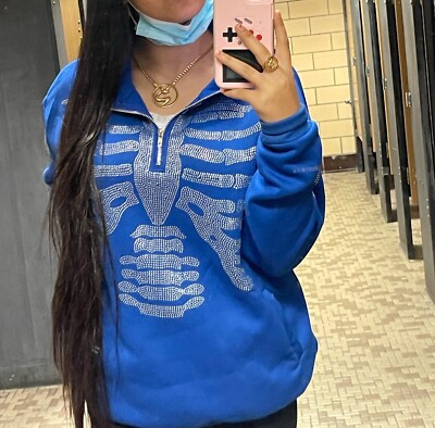 Rhinestone Skeleton Fashion Gothic Men Women Blue Hoodie