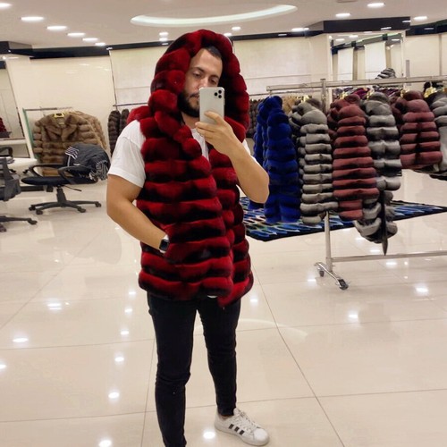 Mens Red Natural Chinchilla Gilet Trendy Natural Rex Rabbit Fur Waistcoats Vest - Picture 2 of 8