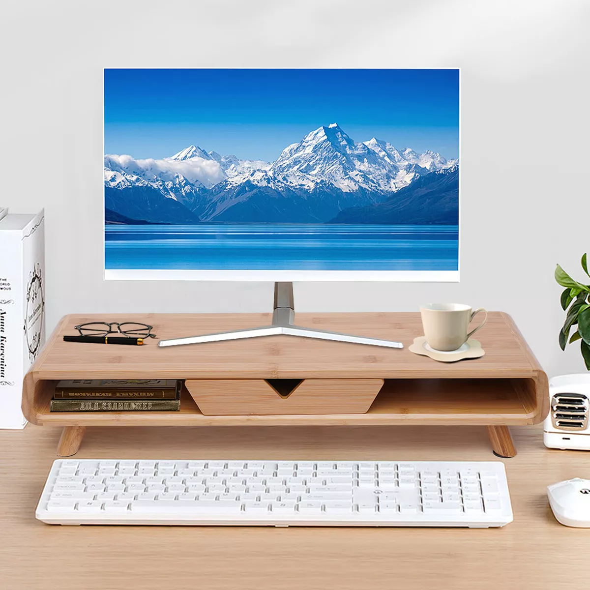 Bamboo PC Monitor Stand, Screen Riser for Computer, Desk Accessory