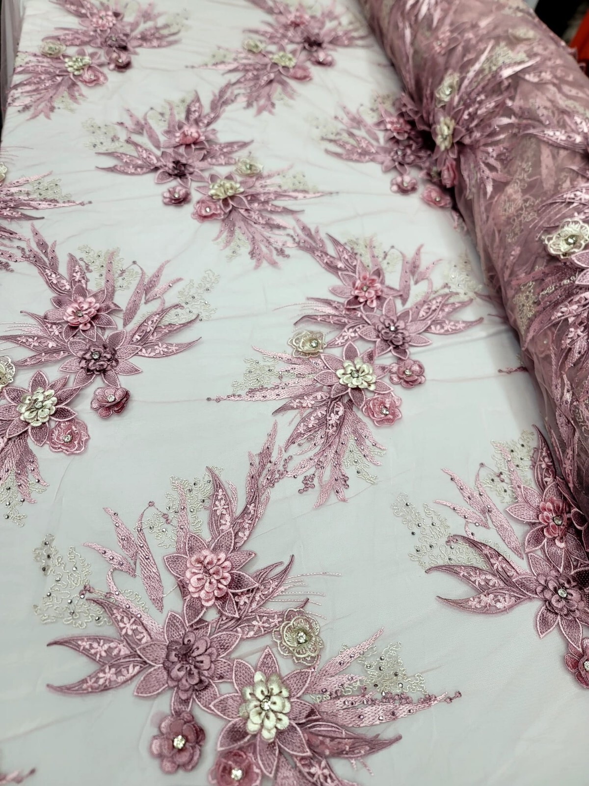 DUSTY ROSE 3D Mauve Flowers Rhinestones Embroidery Lace Fabric Sold By The Yard 