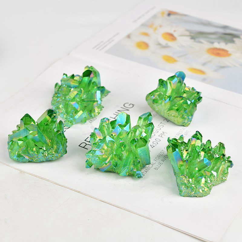 50g Natural Aura Green Titanium Stone Quartz Crystal Cluster Spiritual Healing