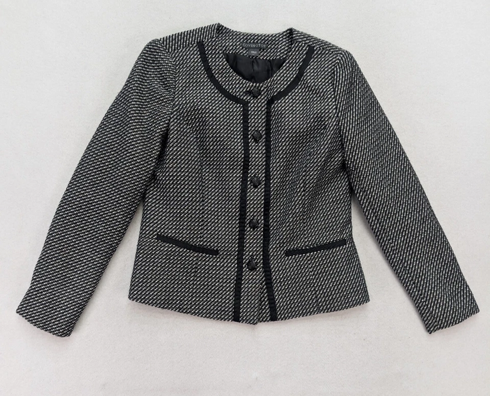 Chaqueta Blazer Covington Para Mujer Talla Pequeña Negra Blanca Tejida Negocios Carrera Foto 2 de 4