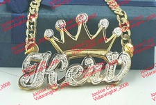 COLLANA PERSONALIZZATA 14K GP 3D DOPPIA PLACCATURA SCRITTA TARGHETTA NOME CON CORONA ROLEX