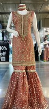 Pakistani Orange low high Style Fancy Embroidered 3pcs Chiffon Gharara Dress,