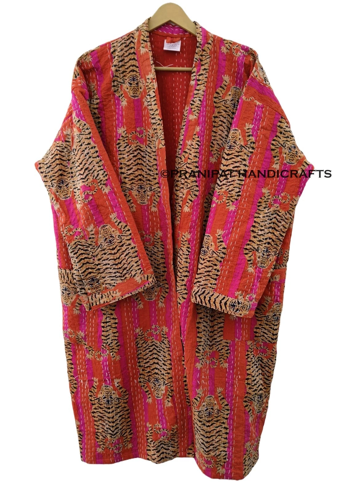 Indian Tibetan Tiger Print Orange Kantha Quilt Jacket Front Open Wear Mid-length