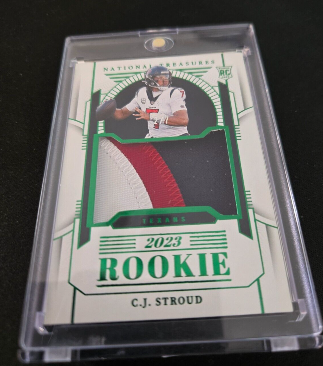 2023 National Treasures CJ Stroud True Rookie Patch Emerald 2/7 RC 3 Color Patch