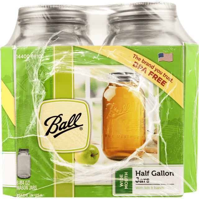 Ball Wide Mouth 64Oz Half Gallong Mason Jars with Lids & Bands Canning 6 Count