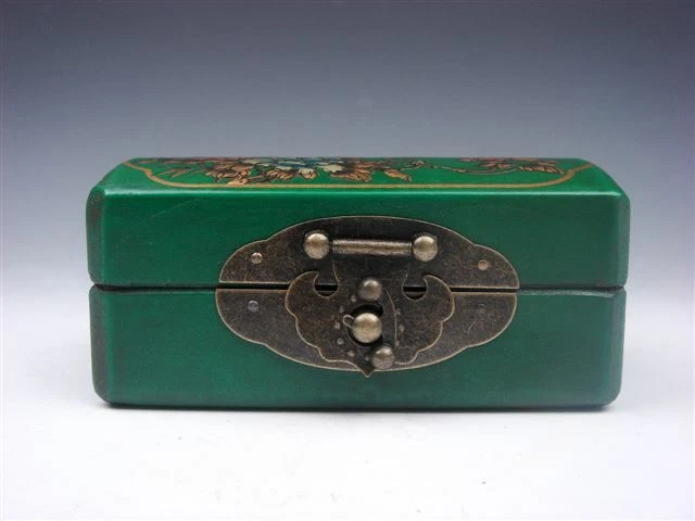 Joyero de madera pintado a mano de pájaros y flores de cuero acabado verde #06212001 Foto 2 de 4