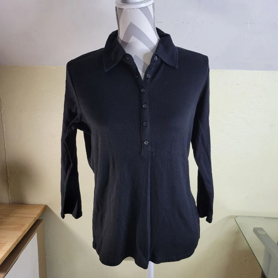 NUEVO CON ETIQUETAS Mujer Liz Claiborne Lizwear Negro Algodón Suéter Tejido Polo Talla Mediana Foto 2 de 4