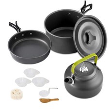 10PCS Camping Cookware Mess Kit, Non-Stick Pot Pan Fry Pan Set With Teapot