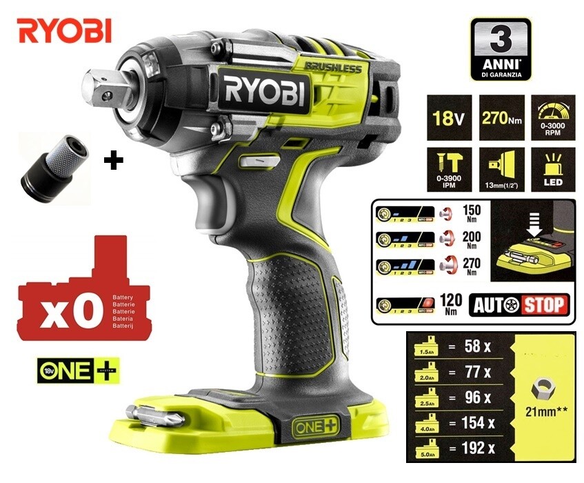AVVITATORE AD IMPULSI BRUSHLESS DA 1/2 A BATTERIA 18V 270Nm BATTERIA ESCL. RYOBI