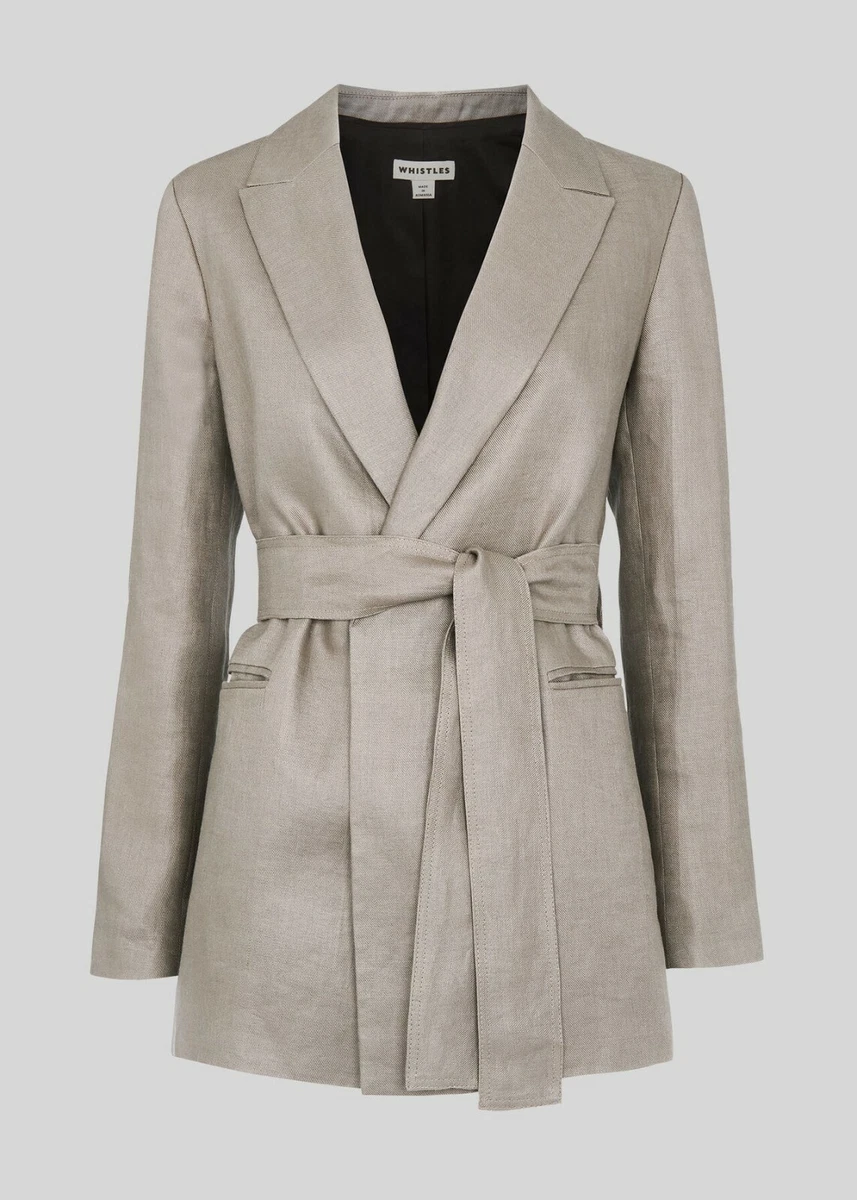 Whistles Women s Gray Lea Linen Belted Open Front Blazer Jacket