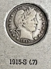 1915-S Barber Liberty Head Quarter 90% Silver San Francisco Mint US Coin NR