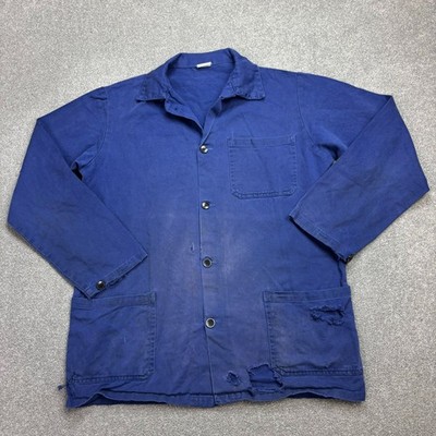Vintage französische Jacke Erwachsene mittelblau abgenutzt Arbeitskleidung Ha...