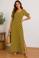 MICHAEL Michael Kors Dress Womens M Yellow Plaid Maxi T Shirt Short Sleeve Knit