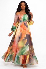 HIGHLIGHT Off Shoulder Maxi Dress Multicolor Balloon Sleeve Ruffle